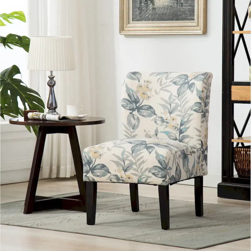 Blue Leaves Upholstered Slipper Accent Chair with Dark Wood Legs - 28W x 28D x 32H