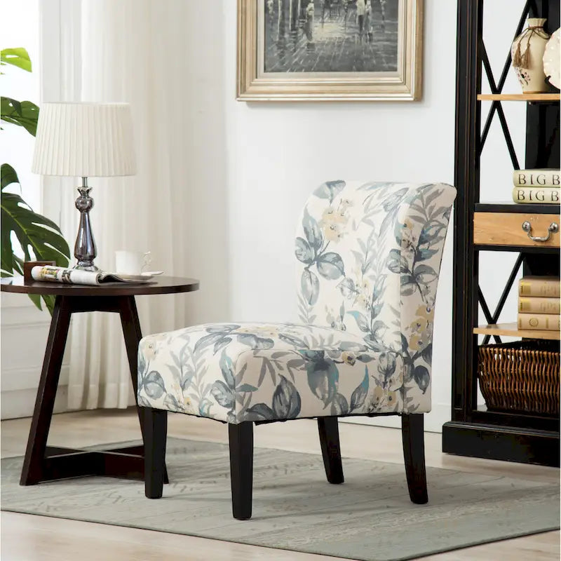 Blue Leaves Upholstered Slipper Accent Chair with Dark Wood Legs - 28W x 28D x 32H