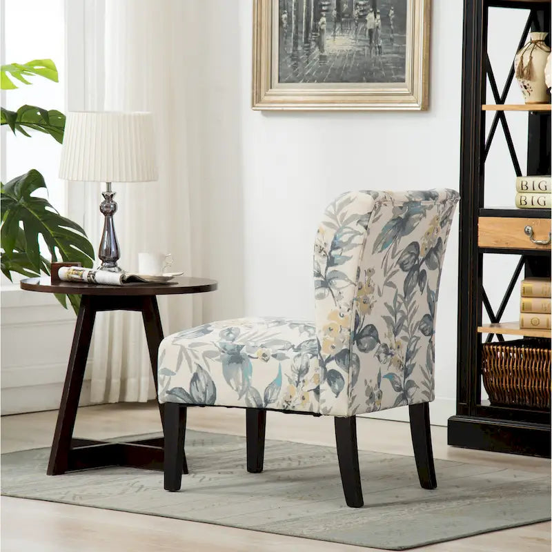 Blue Leaves Upholstered Slipper Accent Chair with Dark Wood Legs - 28W x 28D x 32H