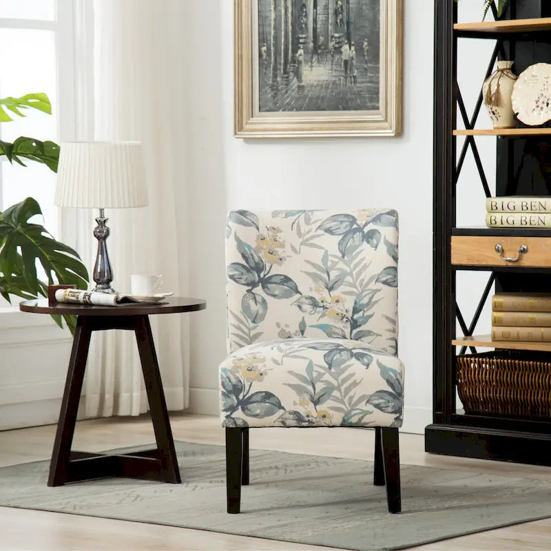Blue Leaves Upholstered Slipper Accent Chair with Dark Wood Legs - 28W x 28D x 32H