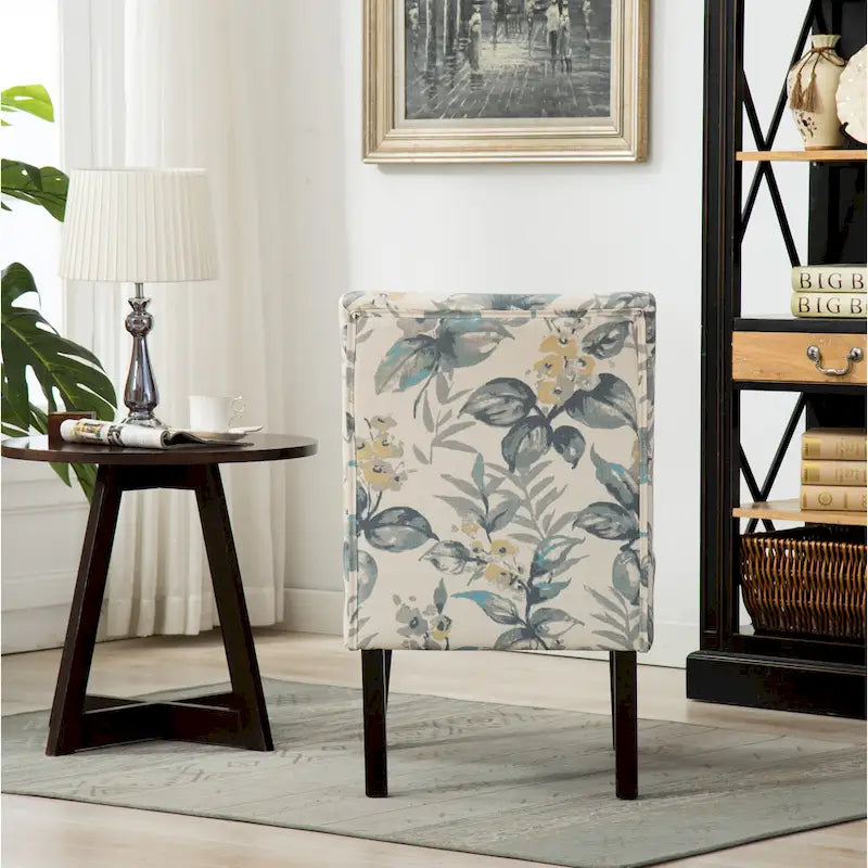 Blue Leaves Upholstered Slipper Accent Chair with Dark Wood Legs - 28W x 28D x 32H
