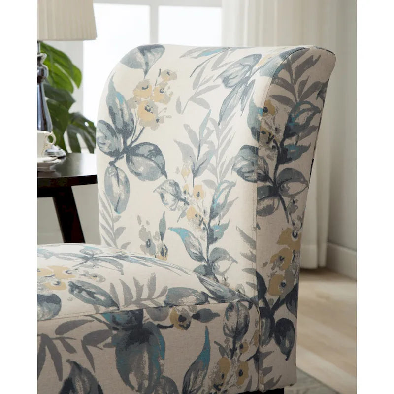 Blue Leaves Upholstered Slipper Accent Chair with Dark Wood Legs - 28W x 28D x 32H