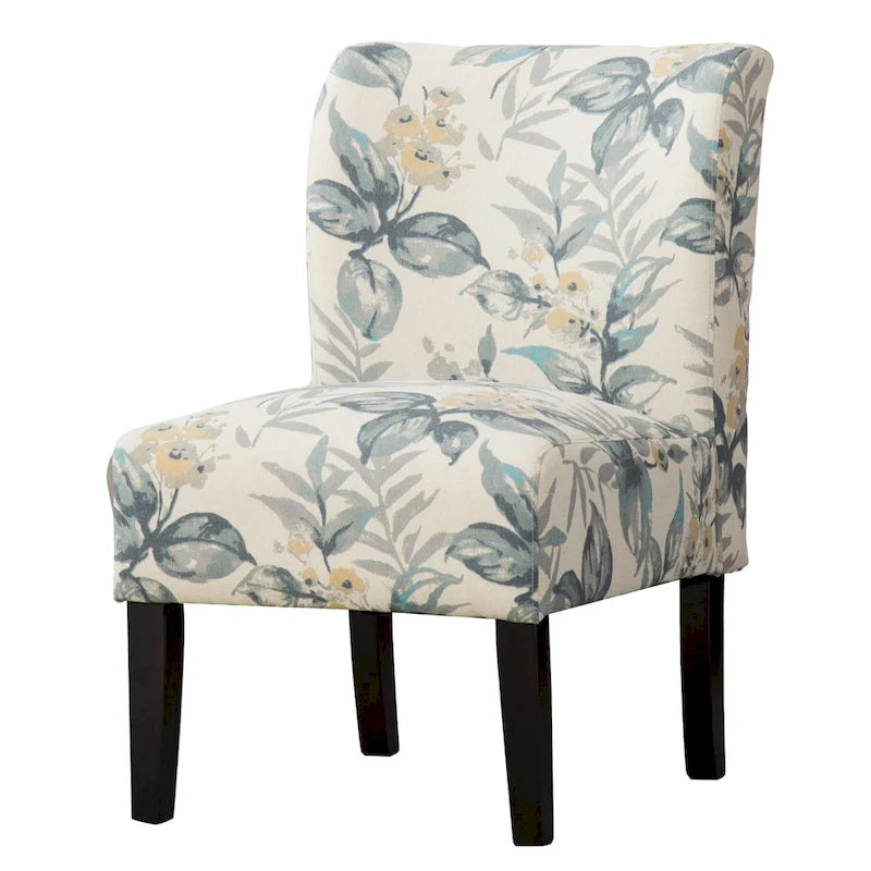 Blue Leaves Upholstered Slipper Accent Chair with Dark Wood Legs - 28W x 28D x 32H