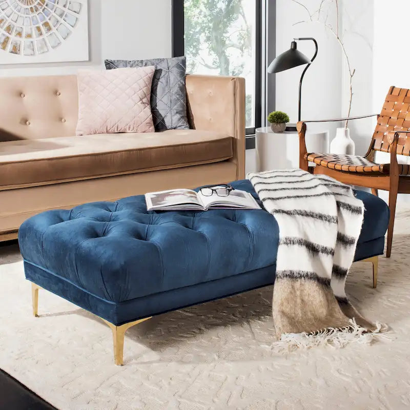 Navy Tufted Rectangular Bench with Brass Finish Legs - 54W x 27D x 16H