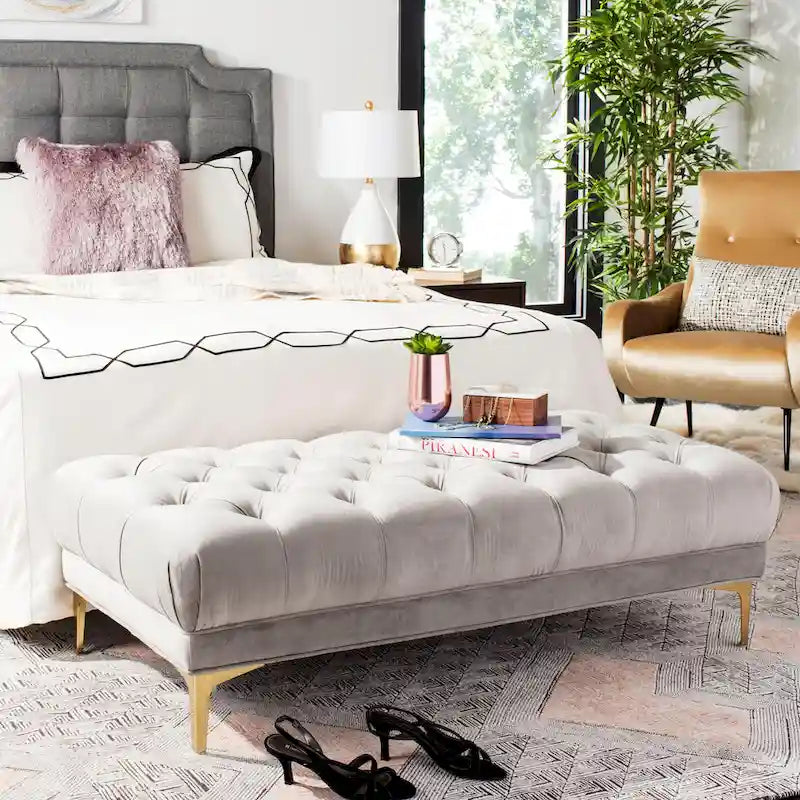 Navy Tufted Rectangular Bench with Brass Finish Legs - 54W x 27D x 16H