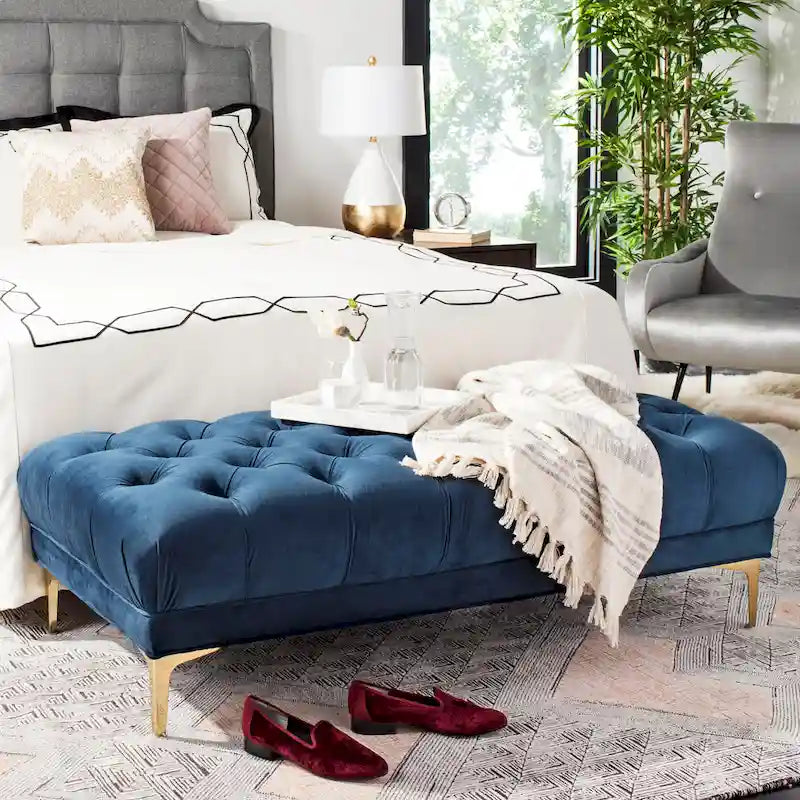 Navy Tufted Rectangular Bench with Brass Finish Legs - 54W x 27D x 16H
