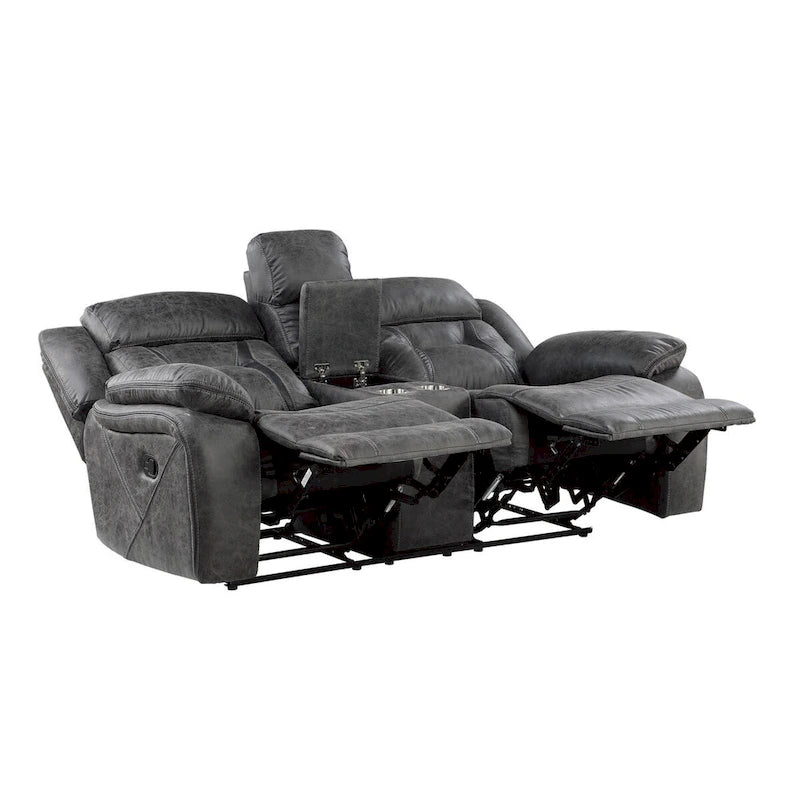 Gray Microfiber Double Reclining Love Seat with Center Console