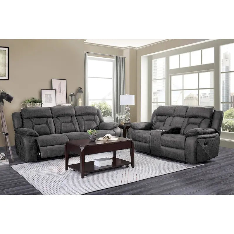 Gray Microfiber Double Reclining Love Seat with Center Console