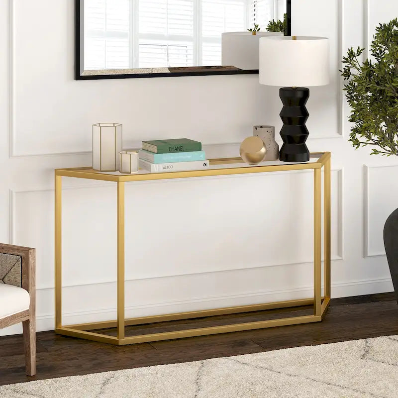 55" Steel Console Table with Tempered Glass Top
