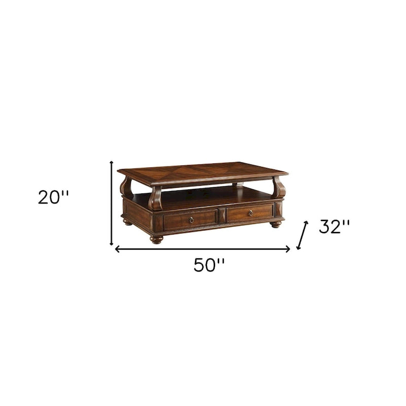 Walnut Coffee Table with 4 Drawers and Open Shelf - 50L x 32W x 20H