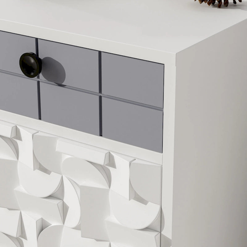 Mango Wood Nightstand with 1 Door and 1 Drawer - Beige & Gray, 24H x 15.7W x 15.9D