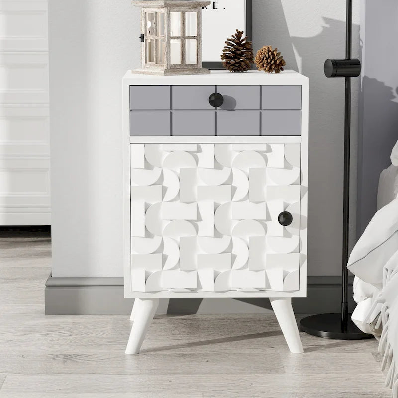 Mango Wood Nightstand with 1 Door and 1 Drawer - Beige & Gray, 24H x 15.7W x 15.9D