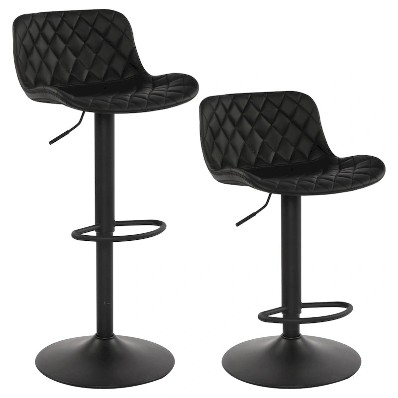 Black PU Leather Adjustable Barstool with Diamond Stitching - Set of 2, 22-30.5" Height