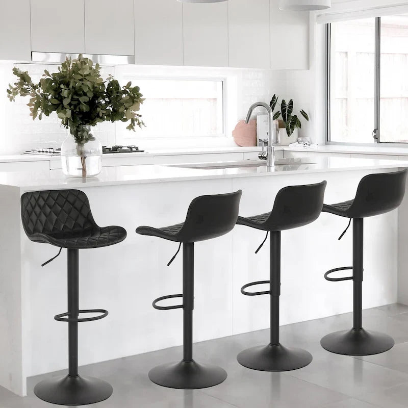 Black PU Leather Adjustable Barstool with Diamond Stitching - Set of 2, 22-30.5" Height