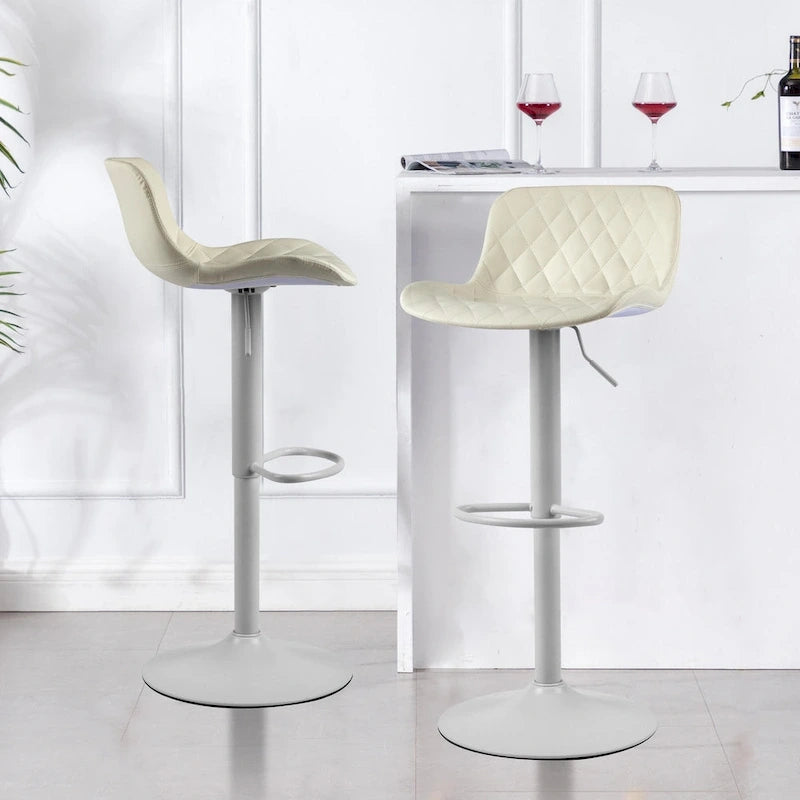 Black PU Leather Adjustable Barstool with Diamond Stitching - Set of 2, 22-30.5" Height