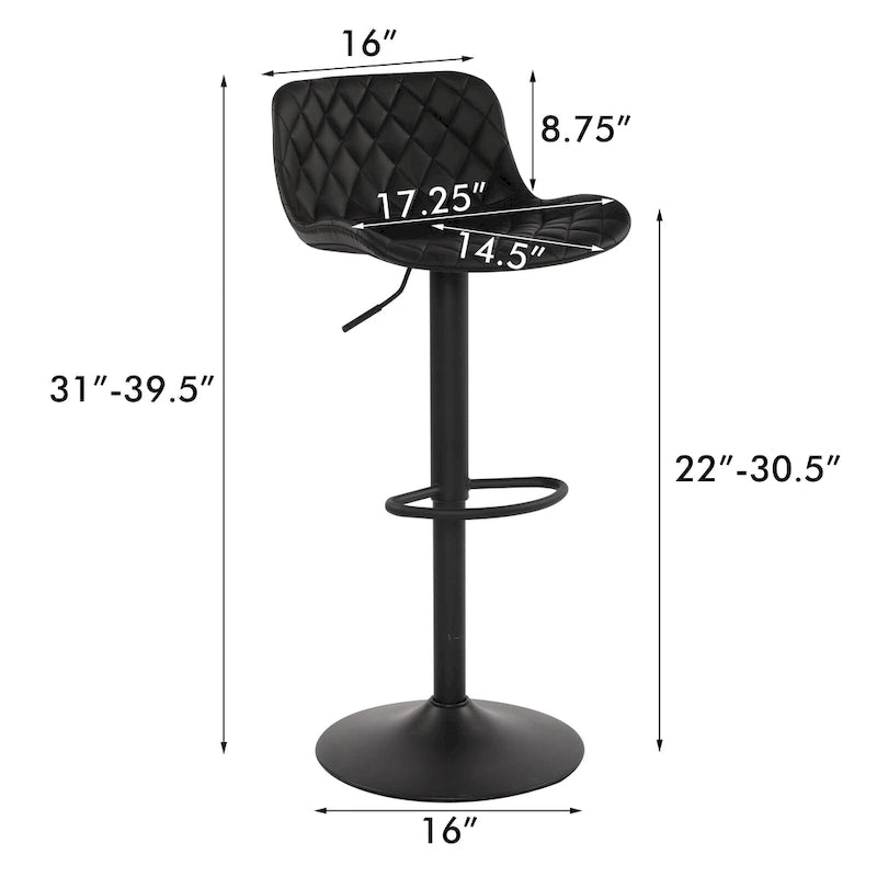 Black PU Leather Adjustable Barstool with Diamond Stitching - Set of 2, 22-30.5" Height