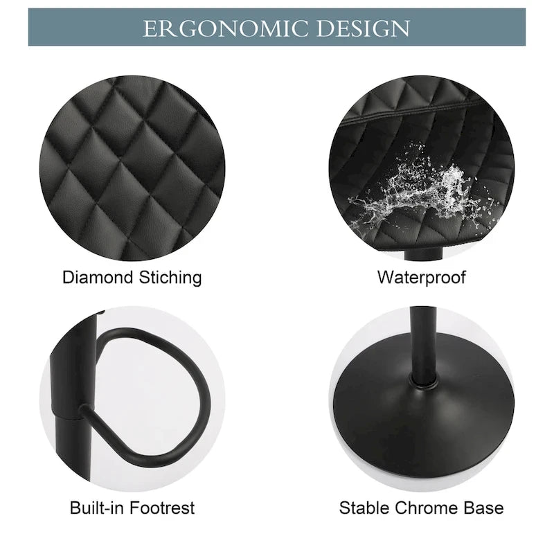 Black PU Leather Adjustable Barstool with Diamond Stitching - Set of 2, 22-30.5" Height