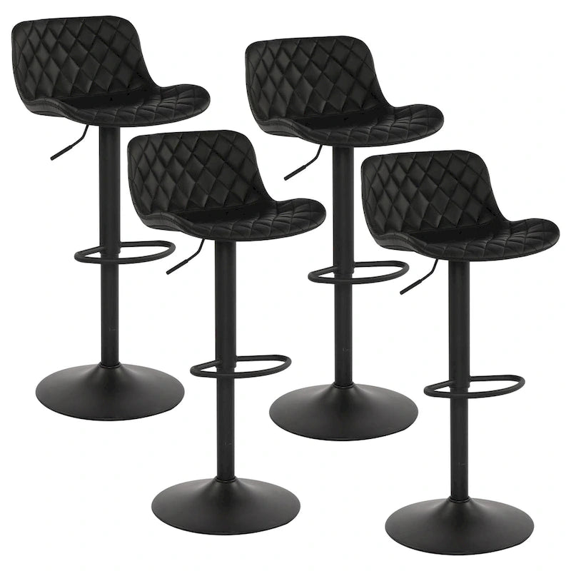 Black PU Leather Adjustable Barstool with Diamond Stitching - Set of 2, 22-30.5" Height