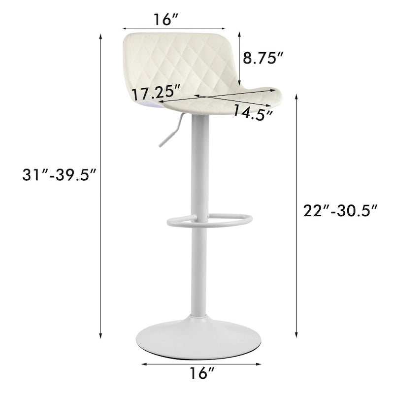 Black PU Leather Adjustable Barstool with Diamond Stitching - Set of 2, 22-30.5" Height