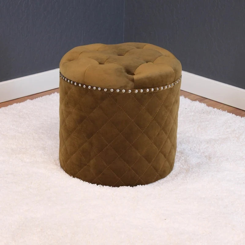 Round Velvet Ottoman with Button Tufting and Chrome Nailheads - 16.5W x 17H