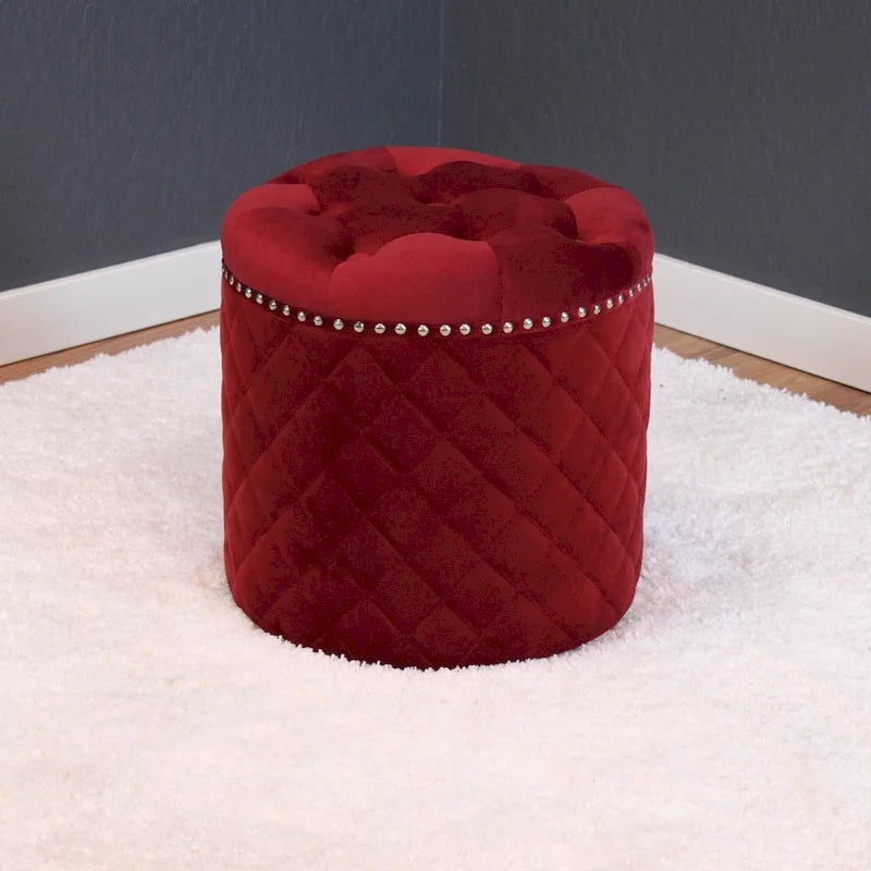 Round Velvet Ottoman with Button Tufting and Chrome Nailheads - 16.5W x 17H