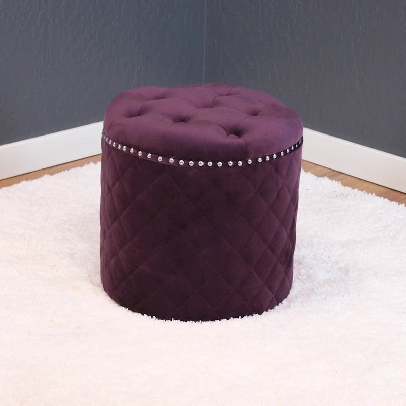 Round Velvet Ottoman with Button Tufting and Chrome Nailheads - 16.5W x 17H