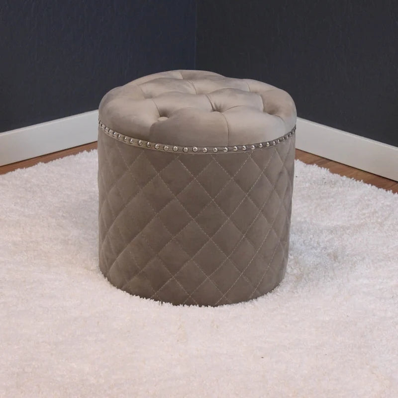 Round Velvet Ottoman with Button Tufting and Chrome Nailheads - 16.5W x 17H