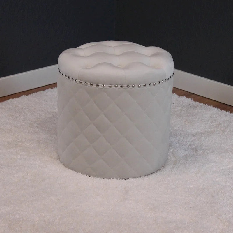 Round Velvet Ottoman with Button Tufting and Chrome Nailheads - 16.5W x 17H