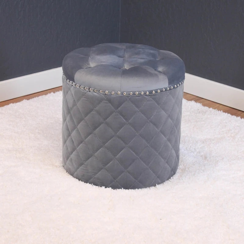 Round Velvet Ottoman with Button Tufting and Chrome Nailheads - 16.5W x 17H