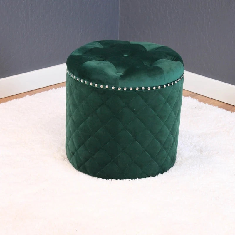 Round Velvet Ottoman with Button Tufting and Chrome Nailheads - 16.5W x 17H