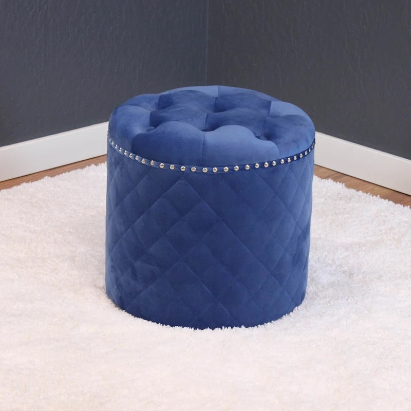 Round Velvet Ottoman with Button Tufting and Chrome Nailheads - 16.5W x 17H