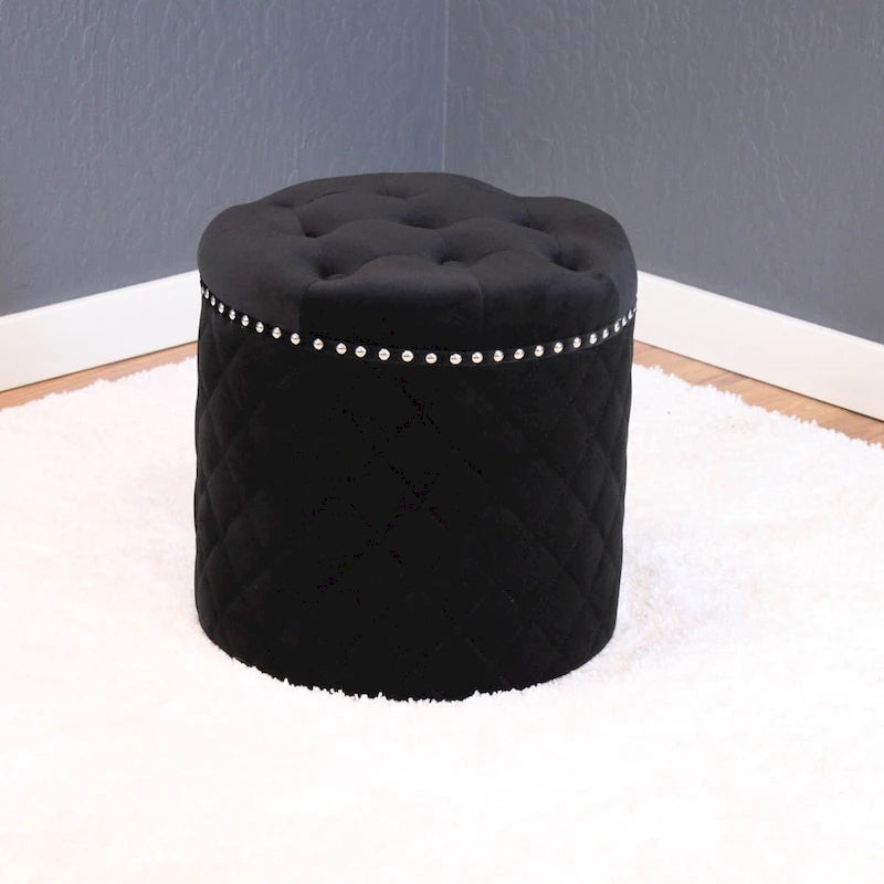 Round Velvet Ottoman with Button Tufting and Chrome Nailheads - 16.5W x 17H