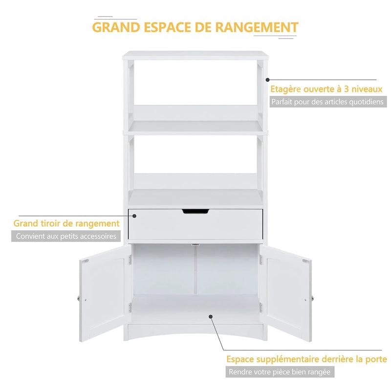 White Bathroom Storage Cabinet with Drawer and 2 Open Shelves - 24L x 13W x 48H