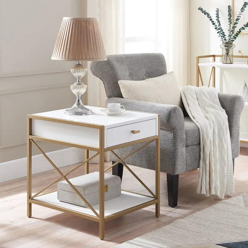 Mixed Metal and Wood Drawer End Table with Gold X Motif - 20L x 24D x 24H