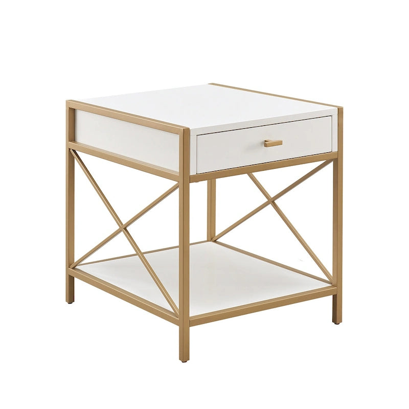 Mixed Metal and Wood Drawer End Table with Gold X Motif - 20L x 24D x 24H