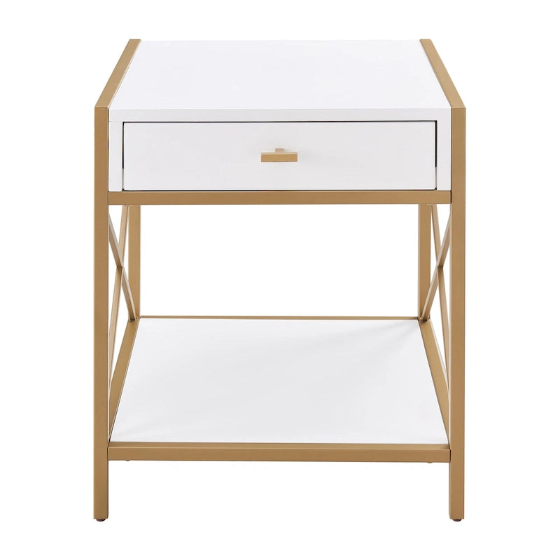 Mixed Metal and Wood Drawer End Table with Gold X Motif - 20L x 24D x 24H