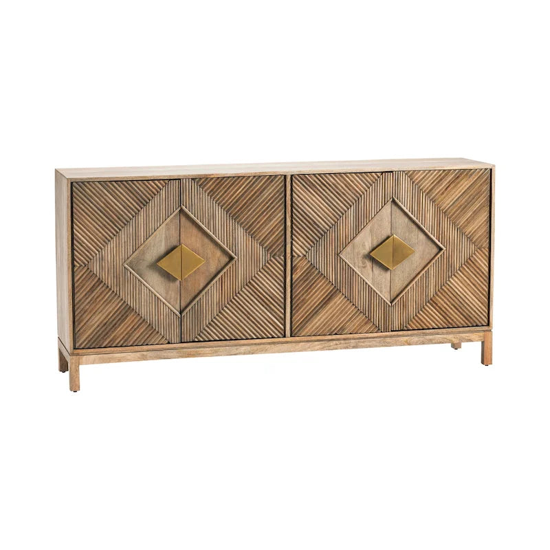 Four-Door Wood Sideboard with Diamond Carvings and Gold Handles - 72x16x34
