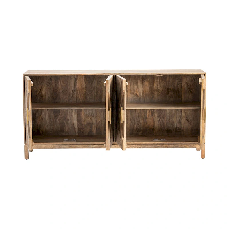 Four-Door Wood Sideboard with Diamond Carvings and Gold Handles - 72x16x34