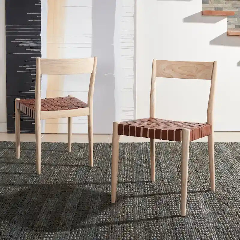 Leather Dining Chair with Basket-Woven Seat and Open Back (Set of 2)