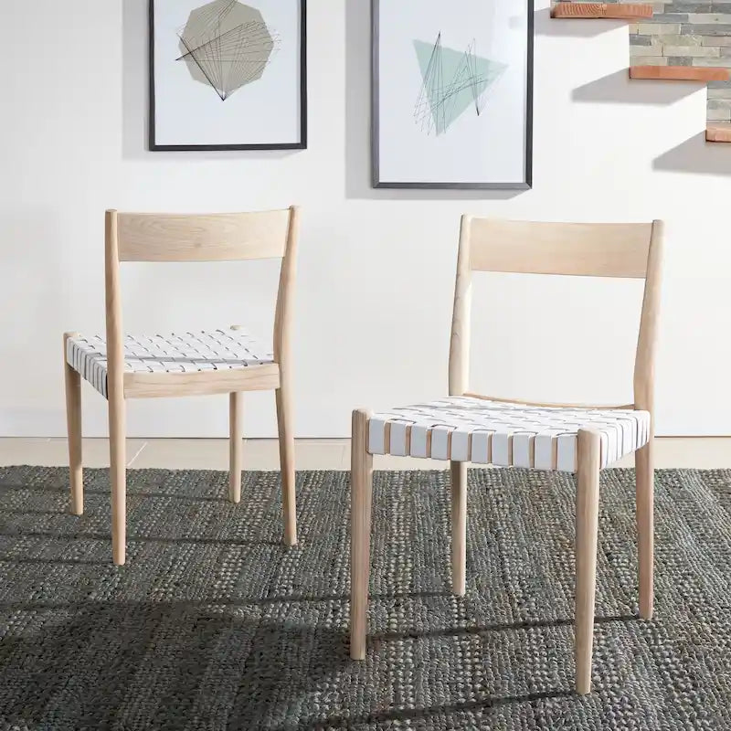 Leather Dining Chair with Basket-Woven Seat and Open Back (Set of 2)