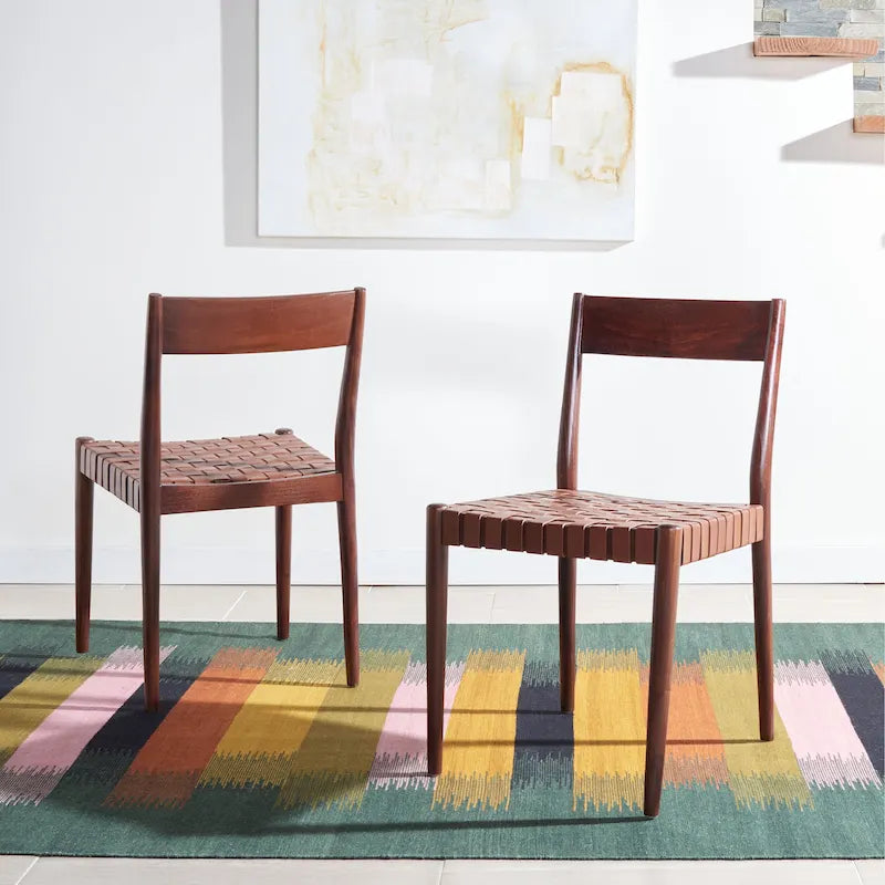 Leather Dining Chair with Basket-Woven Seat and Open Back (Set of 2)