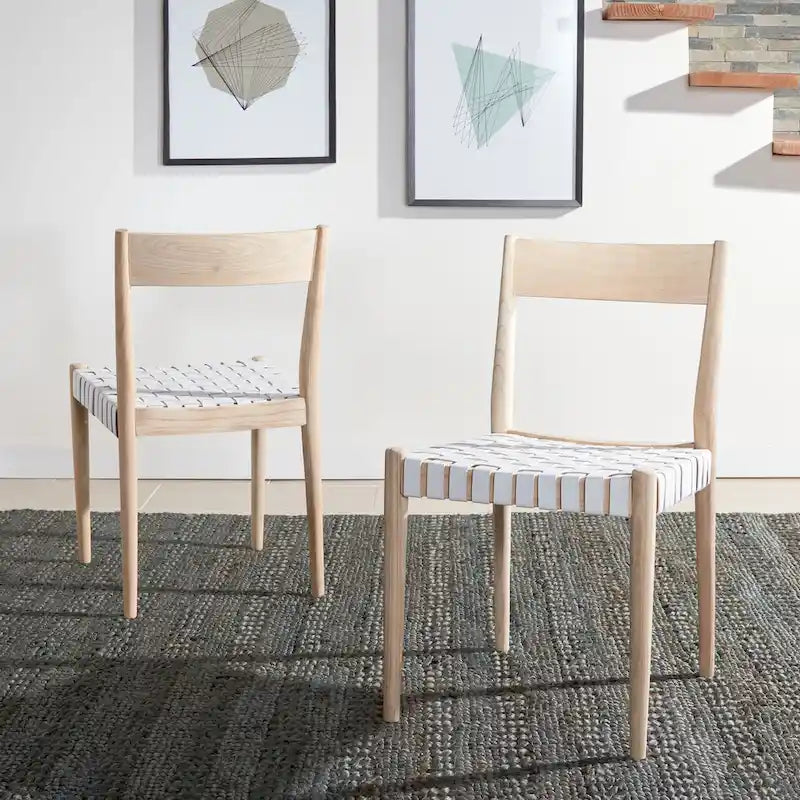 Leather Dining Chair with Basket-Woven Seat and Open Back (Set of 2)
