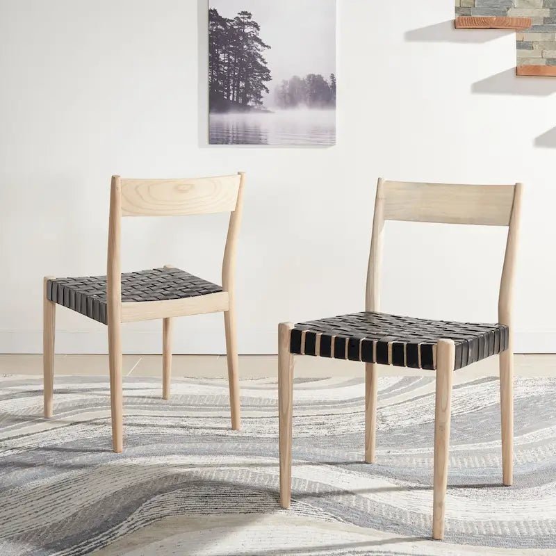 Leather Dining Chair with Basket-Woven Seat and Open Back (Set of 2)