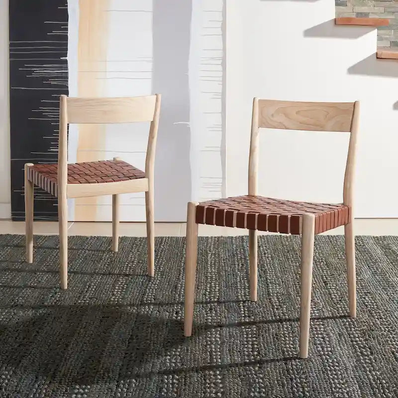Leather Dining Chair with Basket-Woven Seat and Open Back (Set of 2)