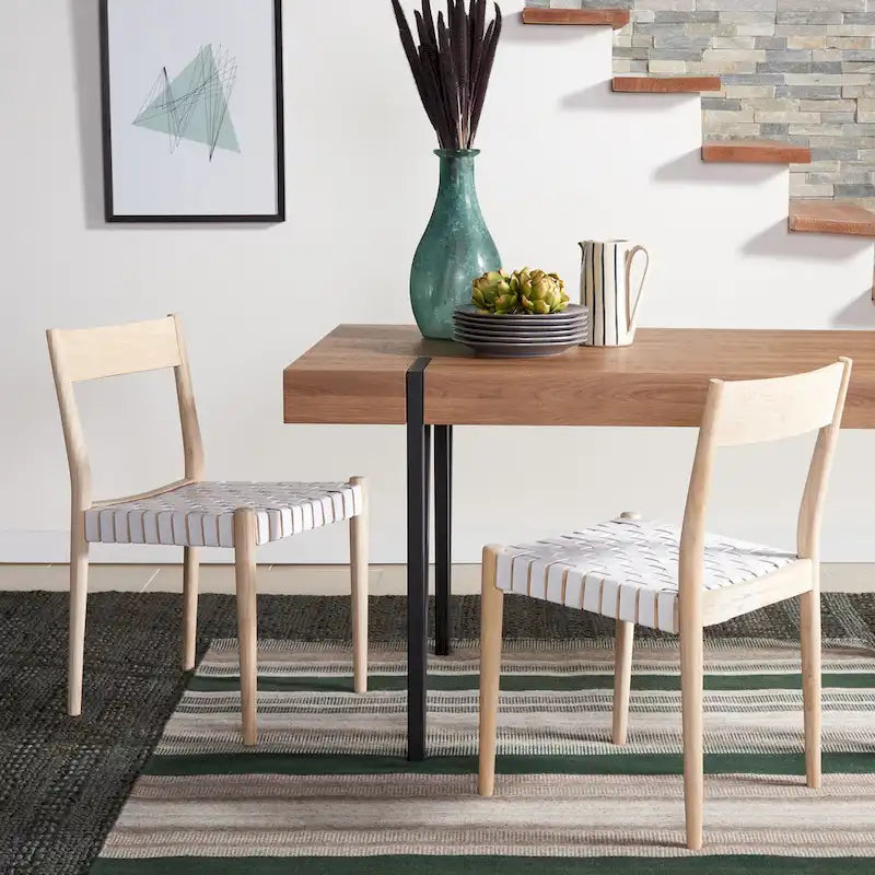 Leather Dining Chair with Basket-Woven Seat and Open Back (Set of 2)