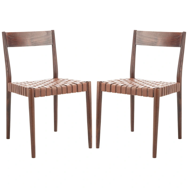 Leather Dining Chair with Basket-Woven Seat and Open Back (Set of 2)