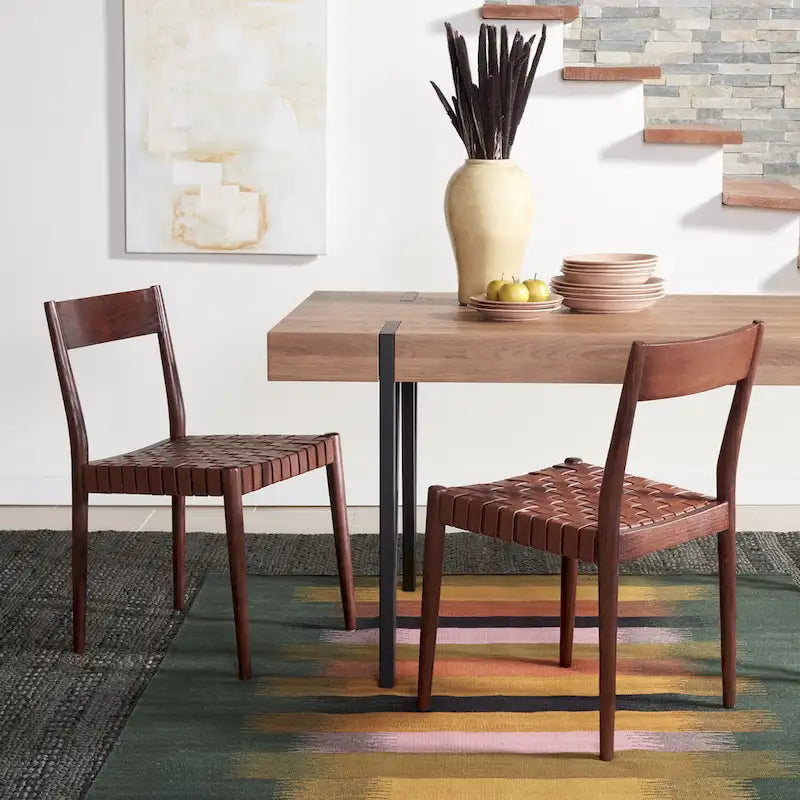 Leather Dining Chair with Basket-Woven Seat and Open Back (Set of 2)