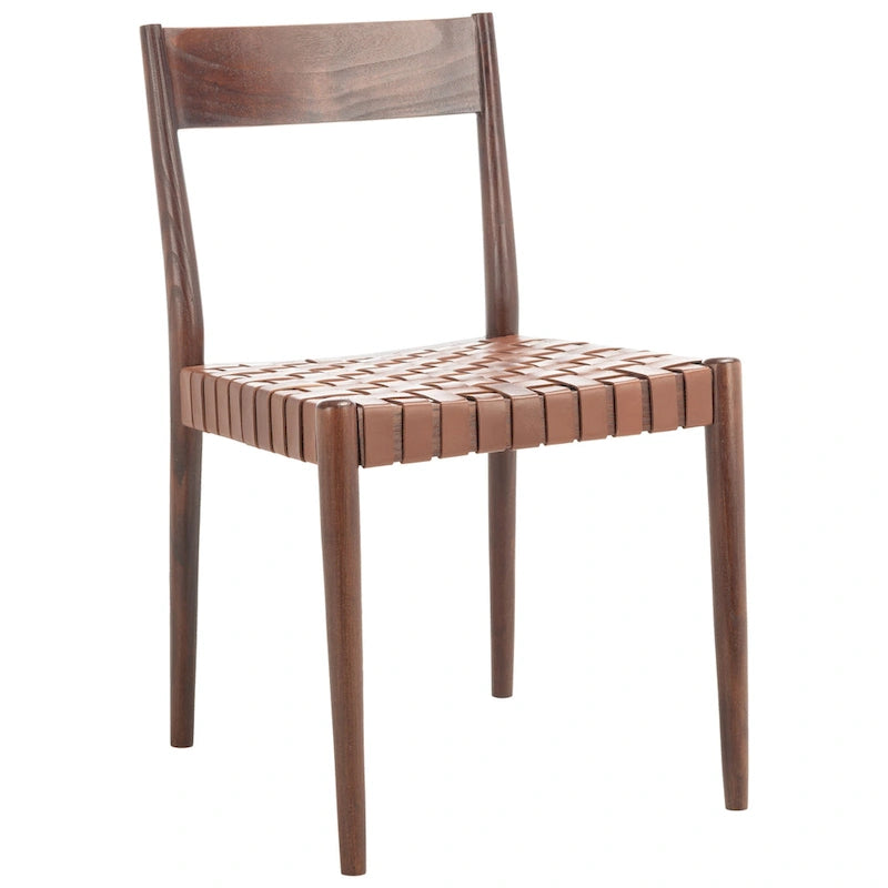 Leather Dining Chair with Basket-Woven Seat and Open Back (Set of 2)