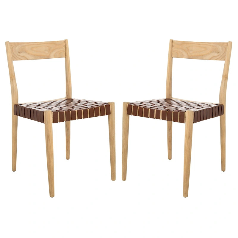 Leather Dining Chair with Basket-Woven Seat and Open Back (Set of 2)
