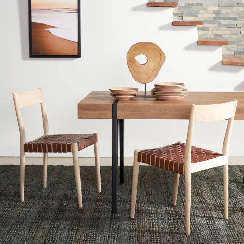 Leather Dining Chair with Basket-Woven Seat and Open Back (Set of 2)